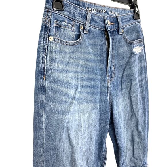 American Eagle Mom Jeans Distressed High Rise Holes Ripped Medium Blue Wash 000 - Picture 3 of 16